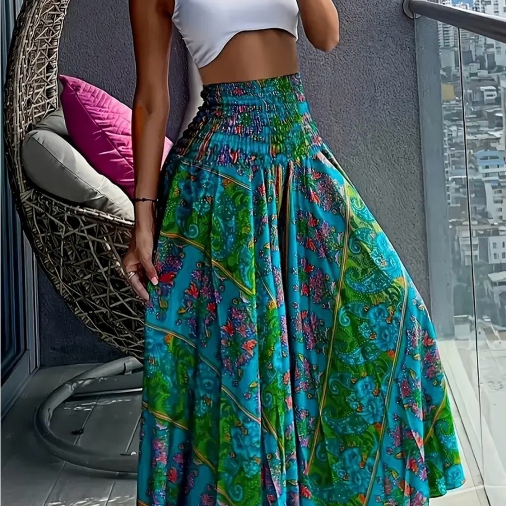 Bohemian Blue Floral Maxi Skirt